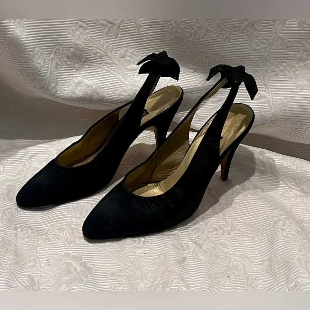 Gucci Black Fabric Covered Slingback Heels Bows On Back Shoes Sz US 6.5 EU 37.5 - Picture 2 of 10